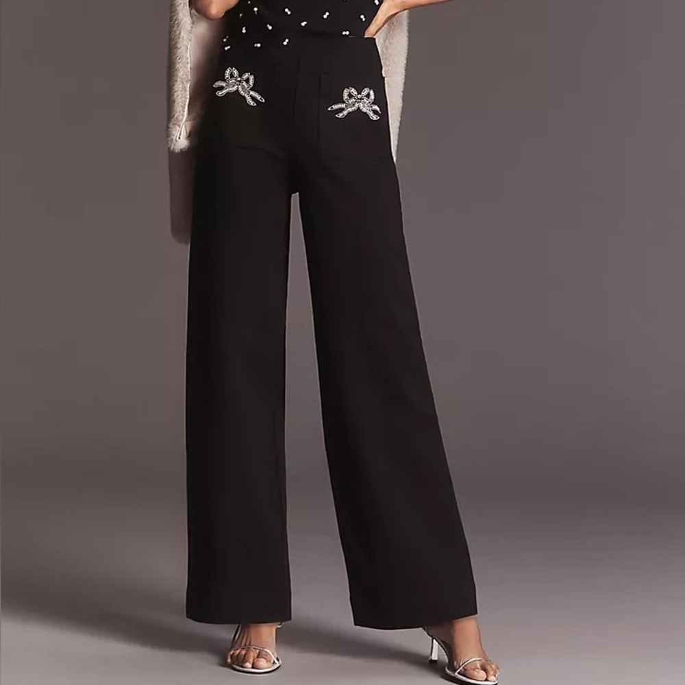 Anthropologie Colette Wide Leg Embroidered Beaded Bow Full Length Pants 27 P